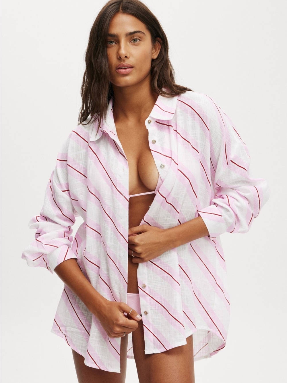 Cotton On Pink Striped Button-Up Swim Coverup